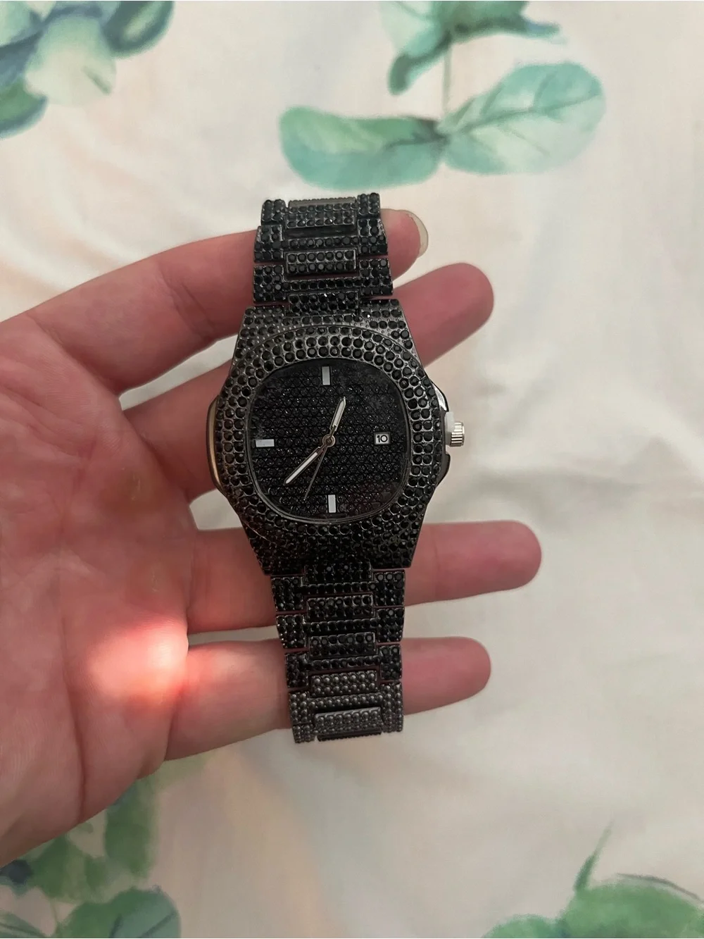 Mens Black Iced Out Watch Simulated Diamond Hip Hop Luxury Bustdown Watch Pavé